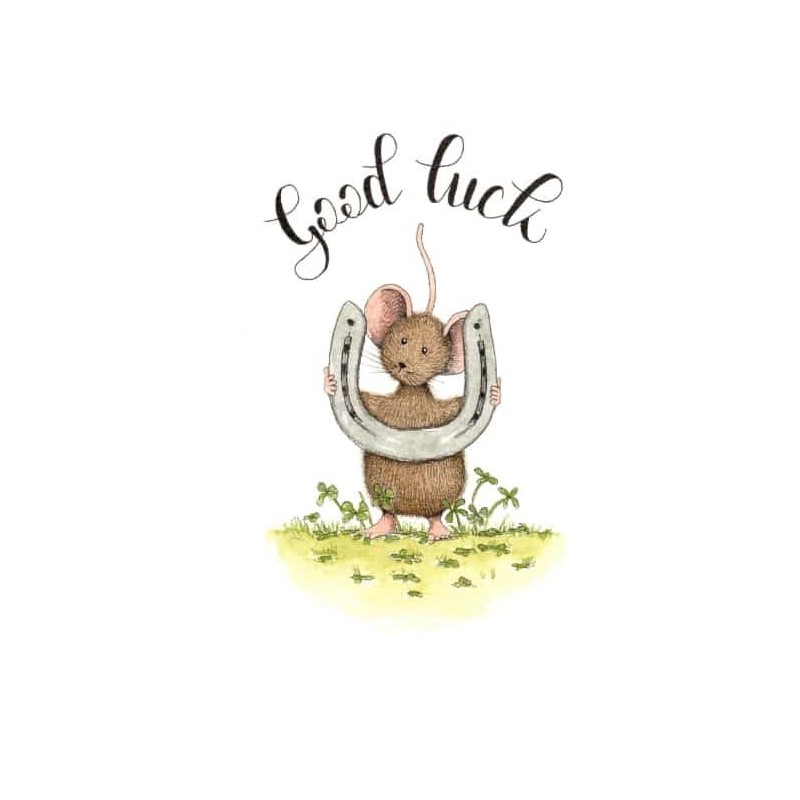 Ansichtkaart Muis met hoefijzer good luck