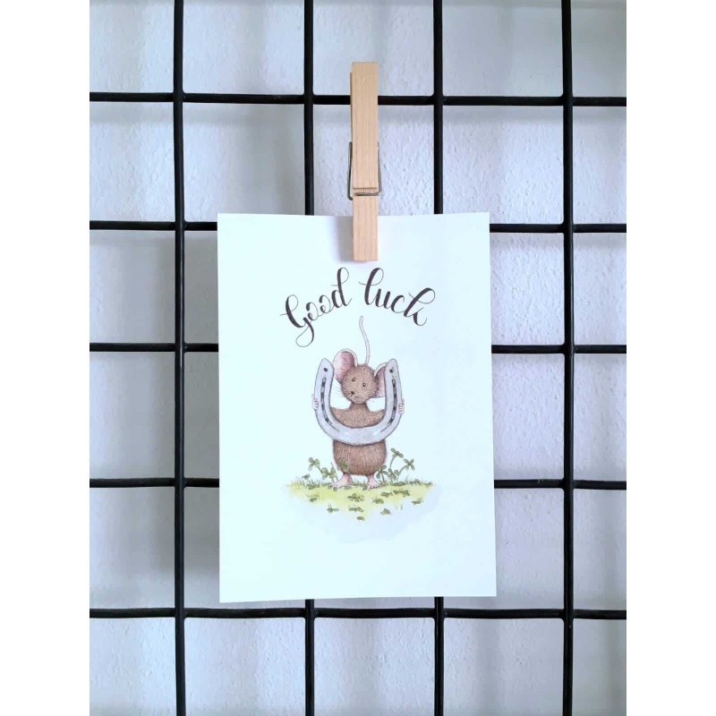 Ansichtkaart Muis met hoefijzer good luck