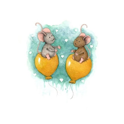 Ansichtkaart Muisjes op gele ballonnen liefde