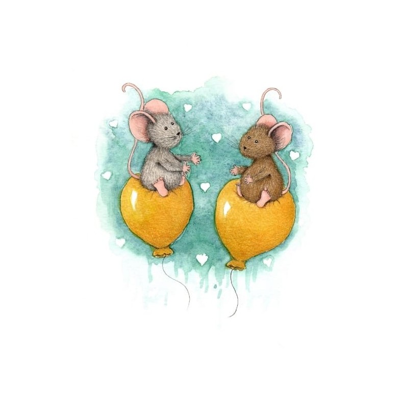 Ansichtkaart Muisjes op gele ballonnen liefde Ansichtkaart Muisjes op gele ballonnen liefde