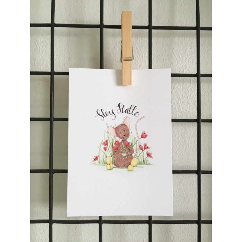 Ansichtkaart Hey hallo muisje met tulpen