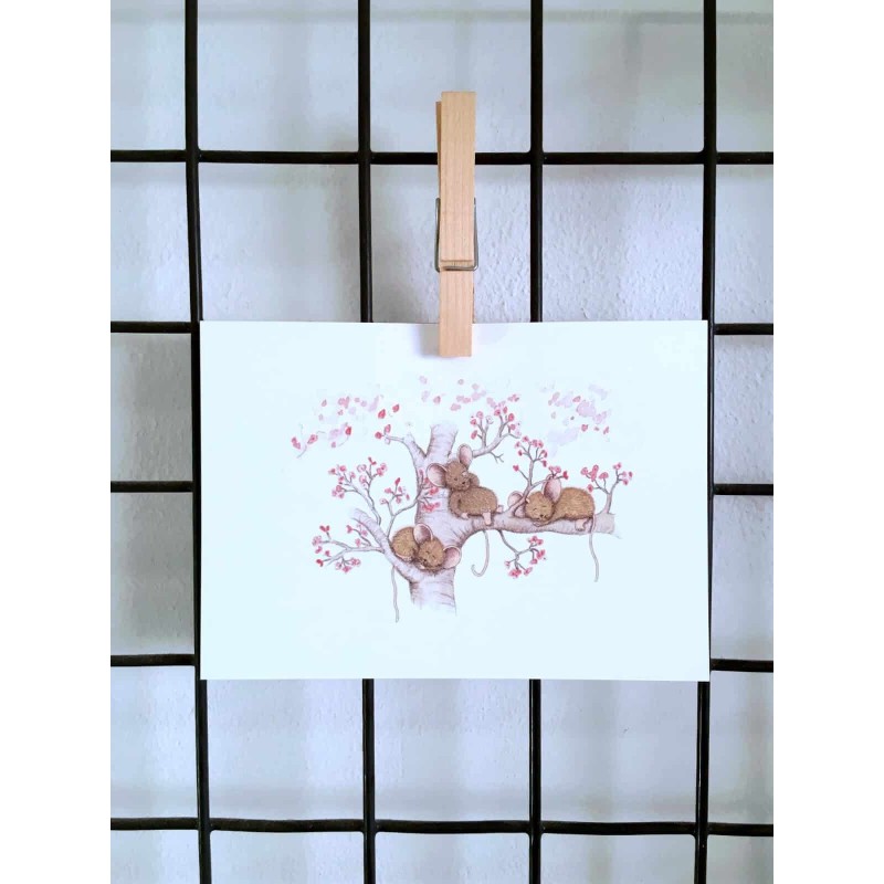 Ansichtkaart Slapende muisjes bloesemboom Ansichtkaart Slapende muisjes bloesemboom