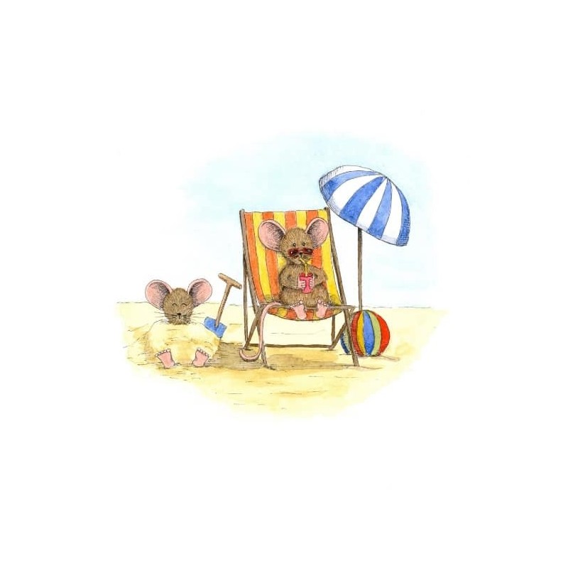Ansichtkaart Muisje aan het strand zonnebaden Ansichtkaart Muisje aan het strand zonnebaden
