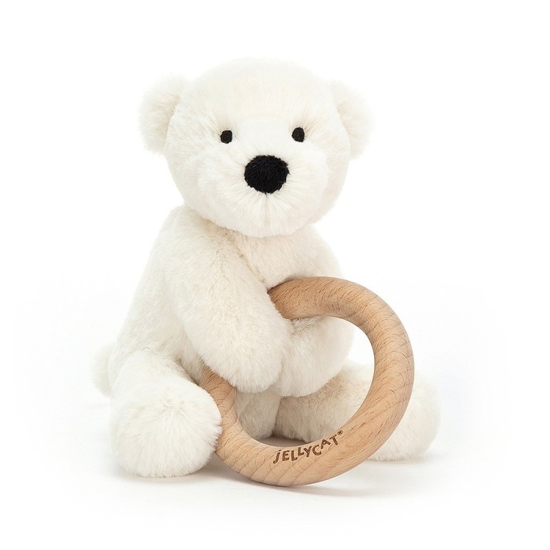 Knuffel Rammelaar IJsbeer Shooshu Perry Polar Bear Wooden Ring Toy