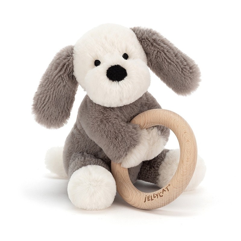 Knuffel Rammelaar Hond Shooshu Puppy Wooden Ring Toy