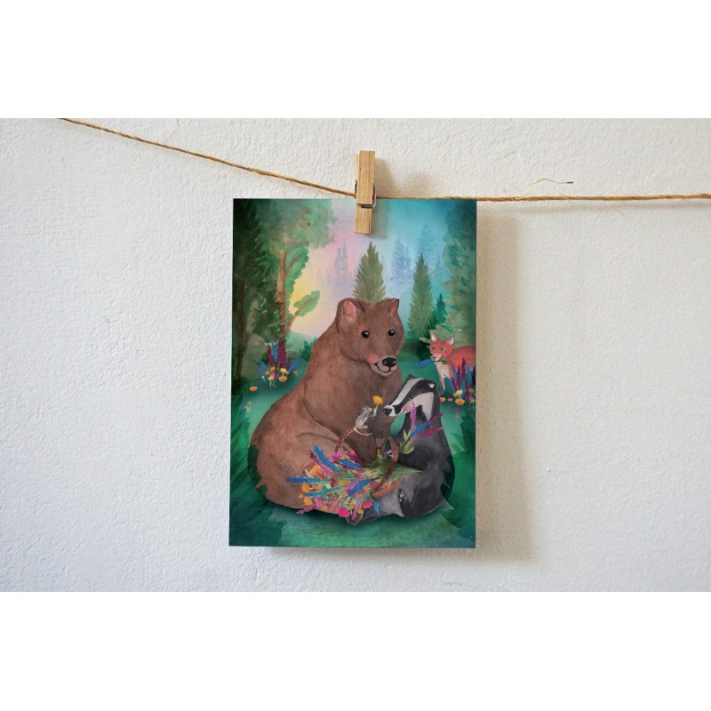 Ansichtkaart Bosdieren Bedankt met Bloemen